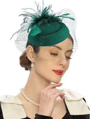 Fashion Sheath Vintage Bridal Felt Fascinator Hat With Fishnet Veil And Hair Clip For Weddings And Cocktail Parties green