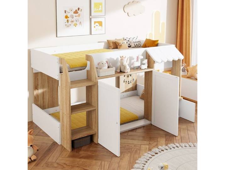 Lit superposé - DREAMMESPACE - Lit cabane enfant - 90x200 cm - Blanc - Échelle sécurisée