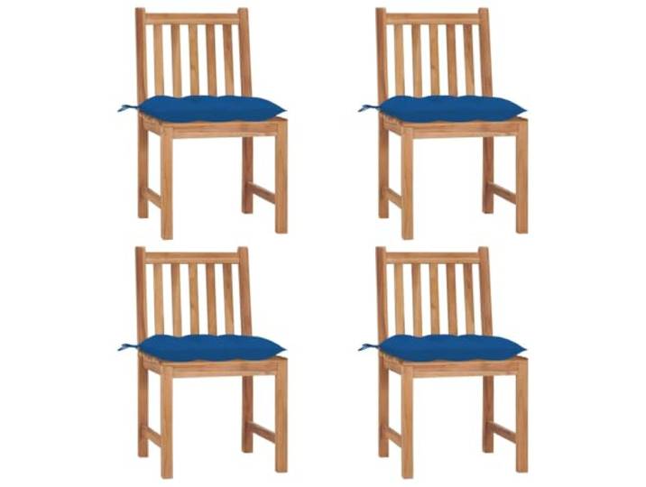KUTYWEXFM Gartenstuhl 4er Set aus Teakholz mit Kissen Blau Bequeme Sitzgruppe mit weichen blauen Auflagen für Veranda, Balkon und Innenbereich zur Entspannung.