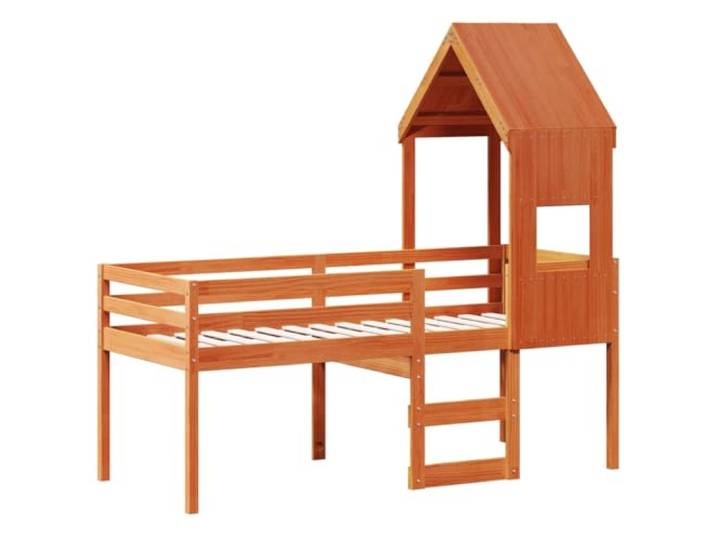 KTHLBRH Hochbett mit gewachstem Dach 90 x 190 cm Massivholz Kiefer Integrierte Leiter, Sicherheitsgeländer, platzsparendes Design, Schlafzimmer