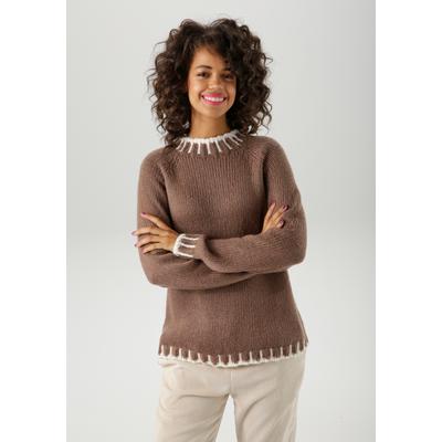 Strickpullover ANISTON CASUAL, Damen, Gr. 38, braun (braun, weiß), Grobstrick, Obermaterial: 100% Polyacryl, unifarben mit Farbeinsatz, figurumspielend hüftbedeckend, Raglanärmel Rippstrickbündchen, Pullover Strickpullover, mit gemusterten Bündchen