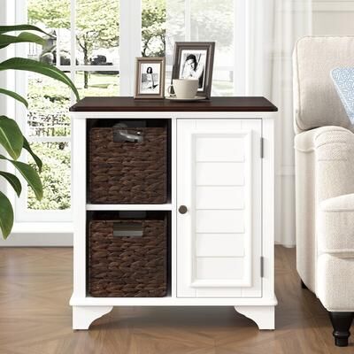Shutter Style End Table with Two Woven Grass Baskets