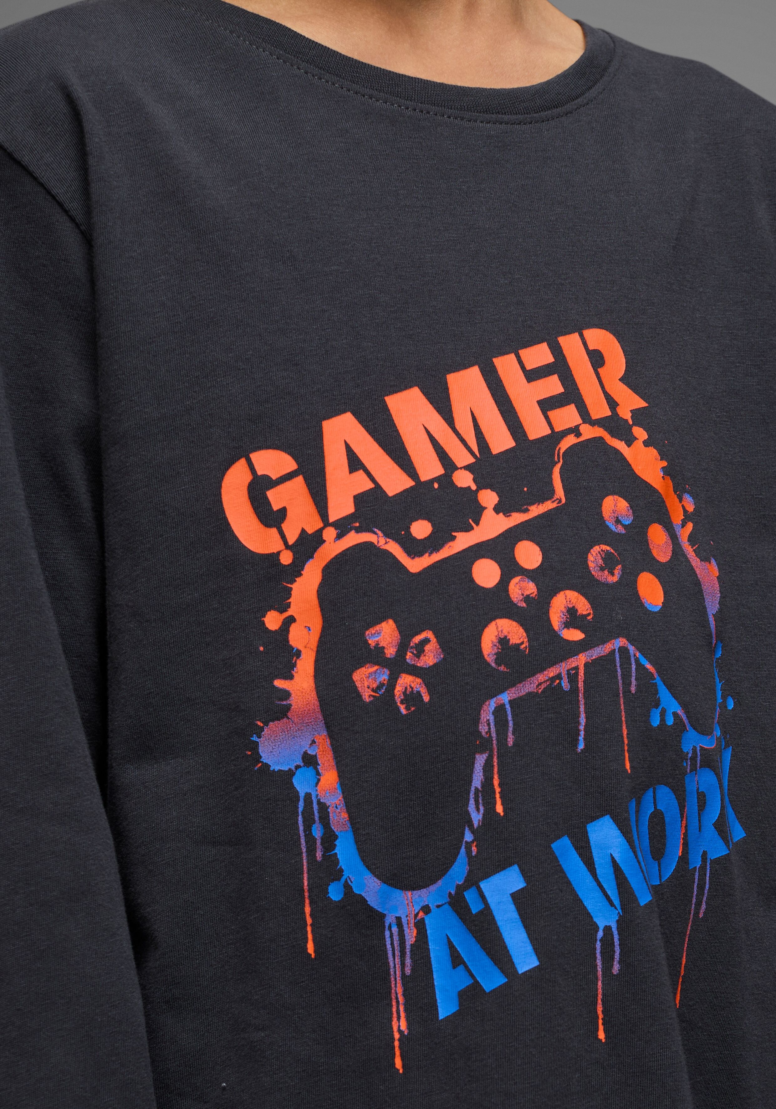 Langarmshirt KIDSWORLD "GAMER AT WORK", Jungen, Gr. 140/146, grau (anthrazit), Jersey, Obermaterial: 100% Baumwolle, bedruckt, Basic, Rundhals, Shirts Langarmshirt, langärmlig, aus Baumwolle, aus Jerseystoff anthrazit 140/146