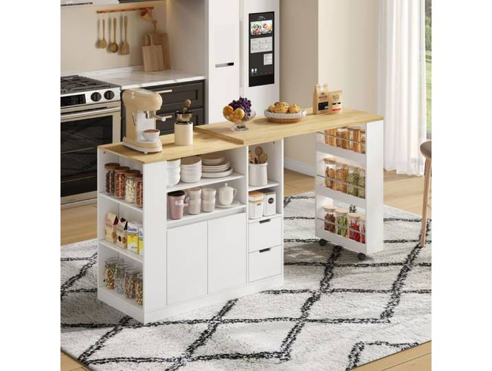 Îlot de cuisine blanc naturel 115 cm table escamotable