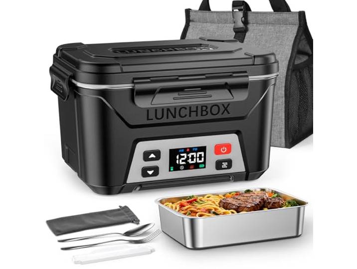 Docusvect Elektrische Lunchbox mit Akku, Lunchbox Erwachsene mit Timer Elektrische Lunchbox mit Einstellungsspeicher, 1,3L Brotdose Erwachsene, beheizbar, mit Isoliertasche, Gabel & Löffel