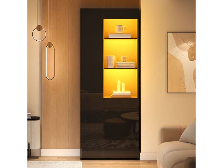 Vitrine 70*35*180cm avec tiroir Vitrine haute brillance Vitrine en verre avec éclairage LED Haute armoire Noir