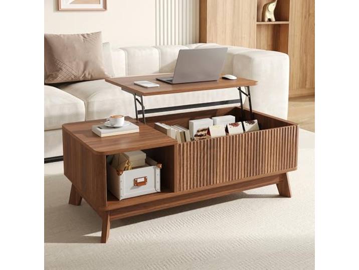 Merax Couchtisch 95x48x50cm, mit Hubfunktion & dreidimensionaler Wellenoptik, moderner Wohnzimmertisch mit Verstellbarer Tischplatte, verstecktem Stauraum & offenem Seitenfach, dunkle Holzfarbe