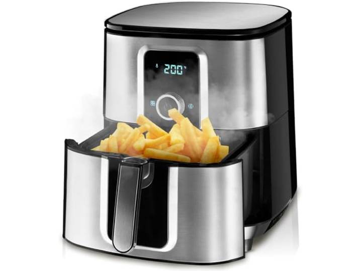 tectake® Heißluftfritteuse XXL -90% weniger Öl, 10,2l Fassungsvermögen, Touchscreen-Display, Airfryer mit 8 Programmen, Heissluftfritteuse ohne Fett und Öl, Zubehör Rezeptheft - silber