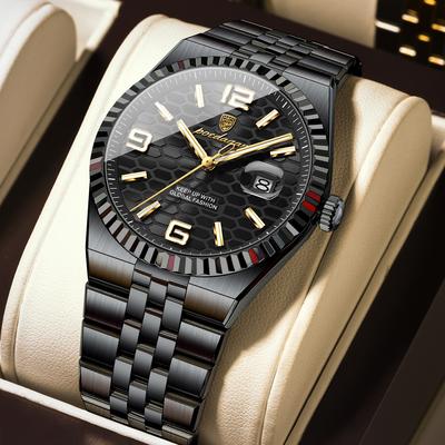 Fashion Sheath Premium Stainless Steel Mens Luxury Quartz Watch Waterproof & Luminous Business Casual Timepiece With Date Display black Black
