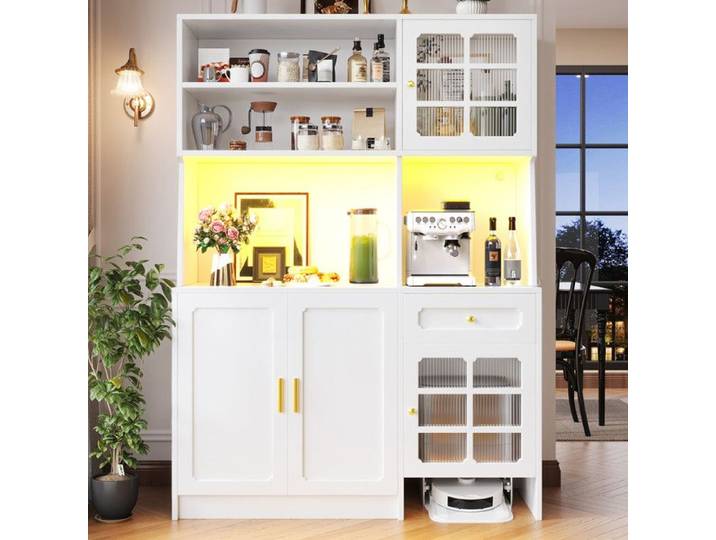 Armoire de cuisine (130 x 45 x 180 cm) armoire de cuisine haute buffet avec portes vitrées et éclairage LED blanc