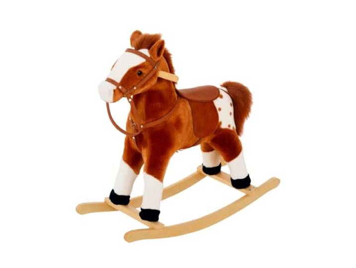 HOMCOM Kinder Schaukelpferd Schaukeltier Wiehern in Braun 74x28x65cm