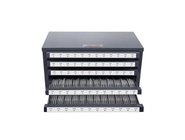 Boîte de rangement pour tarauds # 2-56 à # Coffret vide pour tarauds 12-28, 5 tiroirs, 60 compartiments étiquetés, distributeur de 37,5x20x20 cm, empilable, identification facile, rangement atelier