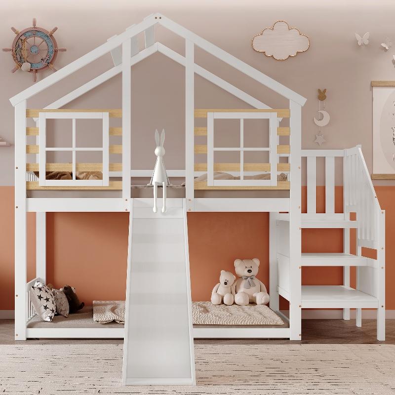 Etagenbett 90x200 Weiß aus Holz und MDF, Hausbett mit Fenster, Kinder Etagenbett mit Rutsche für Schlafzimmer