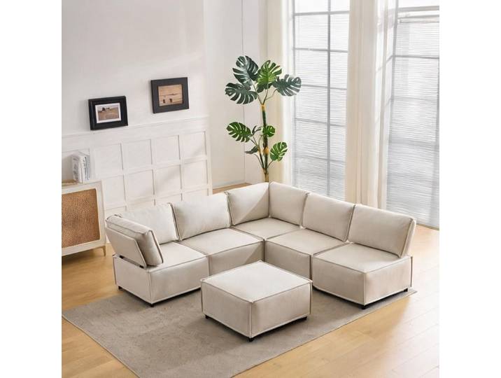 Grand canapé modulable d'angle 6 modules structure bois massif revêtement lin linen beige