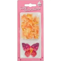 Dekoration aus essbarem Papier: rote Schmetterlinge und kleine gelbe Blumen (30 St.)