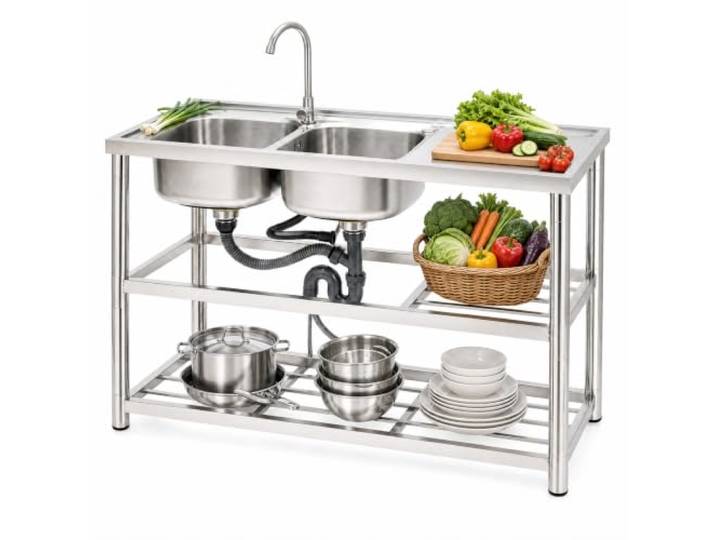 Freistehende Edelstahl Waschbecken 2 Becken, 120x45x80cm Edelstahlspüle, 3 Ebenen Doppelbecken Spültisch mit 360° Wasserhahn, Abtropffläche für Küche und Restaurant