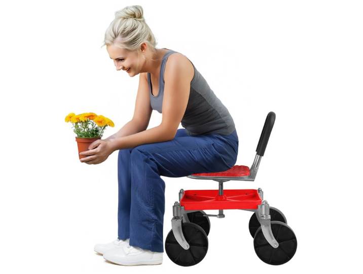 Chaise de jardin Tabouret roulant de jardin rouge resistant aux intemperies avec dossier ergonomique