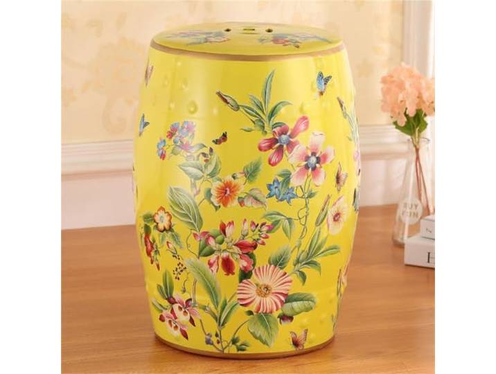 Keramik-Gartenhocker mit Blumendesign – Durchbrochener Beistelltisch Terrassenhocker, 28x46 cm, Deko für drinnen & draußen(Chinoiserie Z)
