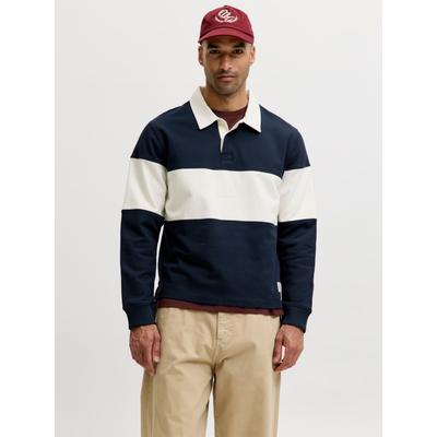 Sweatshirt JACK & JONES "JORFREDERIKSBERG BLOCKING SWEAT POLO SN", Herren, Gr. S, sky captain, angeraute Sweatware, Obermaterial: 100% Baumwolle, gestreift, relaxed fit normal, Rundhals, Rippbündchen, Sweatshirts Sweatshirt, Baumwolle, relaxed fit