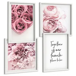 BILDER SET 4er Set - 50x50 cm & 40x60 cm Weißer Rahmen - Blumensträuße mit Rosen, Hausinschrift
