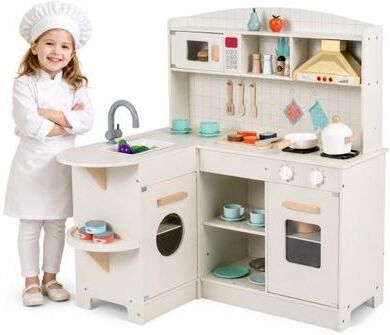 Costway Wooden Play Kitchen with Lights & Sounds and Stove Microwave Sink for Ages 3+-White