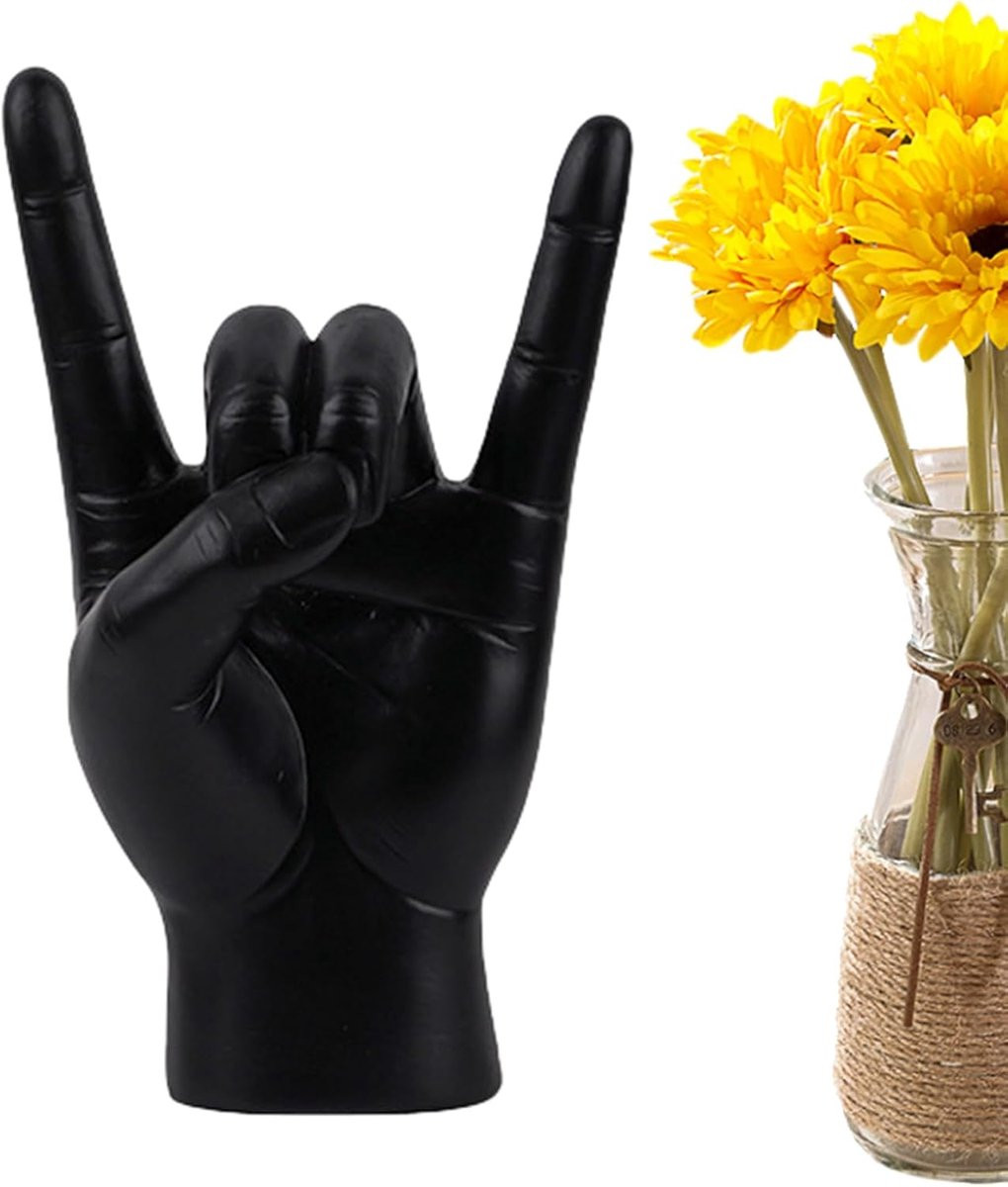 Handbeeld Rock On - Zwart Gebarenkunst Beeldje - Hoogte: 19,5 cm