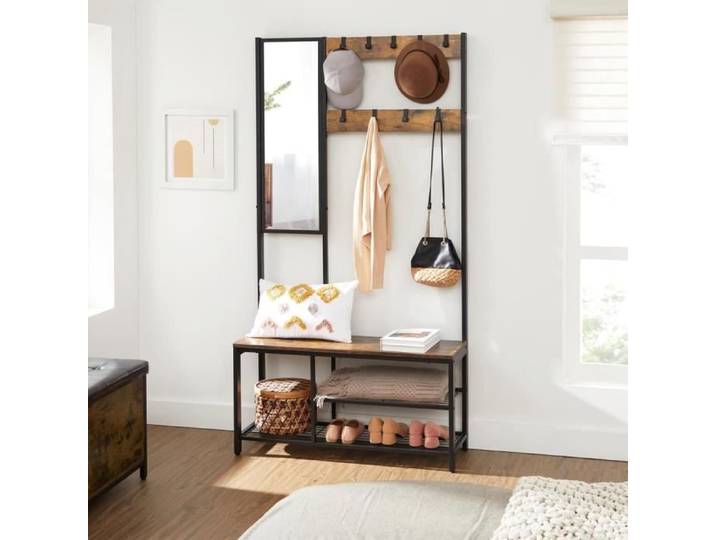 VASAGLE Meuble d Entrée Vestiaire avec Crochets Miroir Banc à Chaussures et Étagères 36 x 98 x 185 cm Marron et Noir