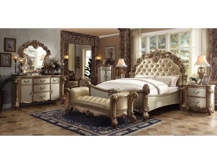 JVmoebel Schlafzimmer-Set Klassisches Barock Schlafzimmer mit Holz und Leder, elegant, (3-tlg., 3-teilig), Made in Europa