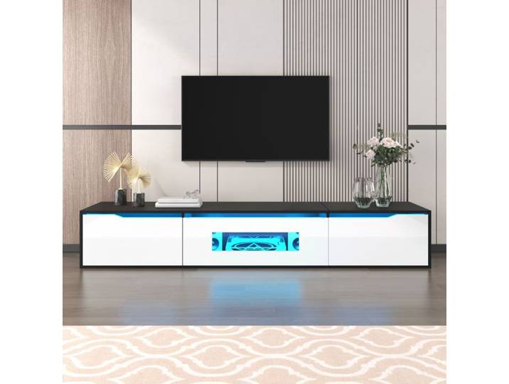 Meuble TV LED LEMLIT 180 cm Noir et Blanc Haute Brillance Meuble TV Bas Mural LED USB Multicolore pour Salon