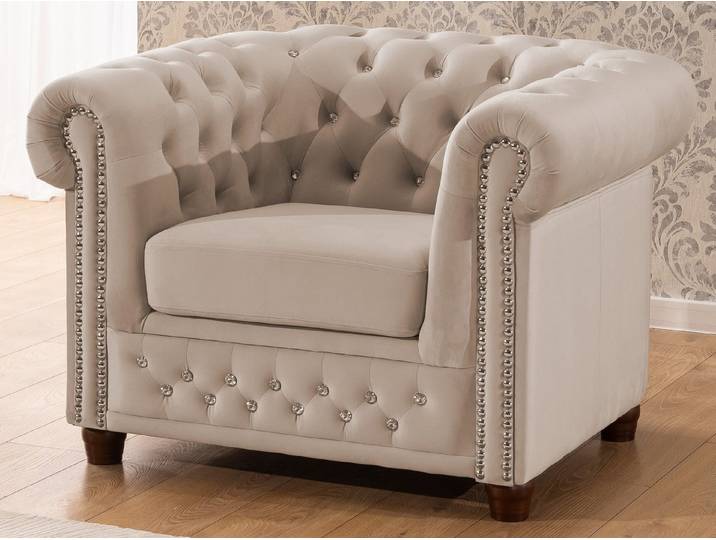 S-Style Möbel Chesterfield-Sessel Cleo Blink aus Samt mit Kristallsteppung und braunen Massivholzfüßen, mit Wellenfederung