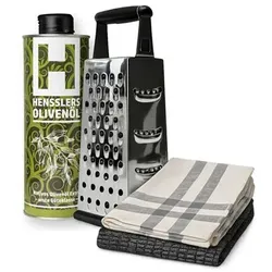 HENSSLERS Küchen-Set inkl. Vierkantreibe, Olivenöl 500ml und 2x Geschirrtücher