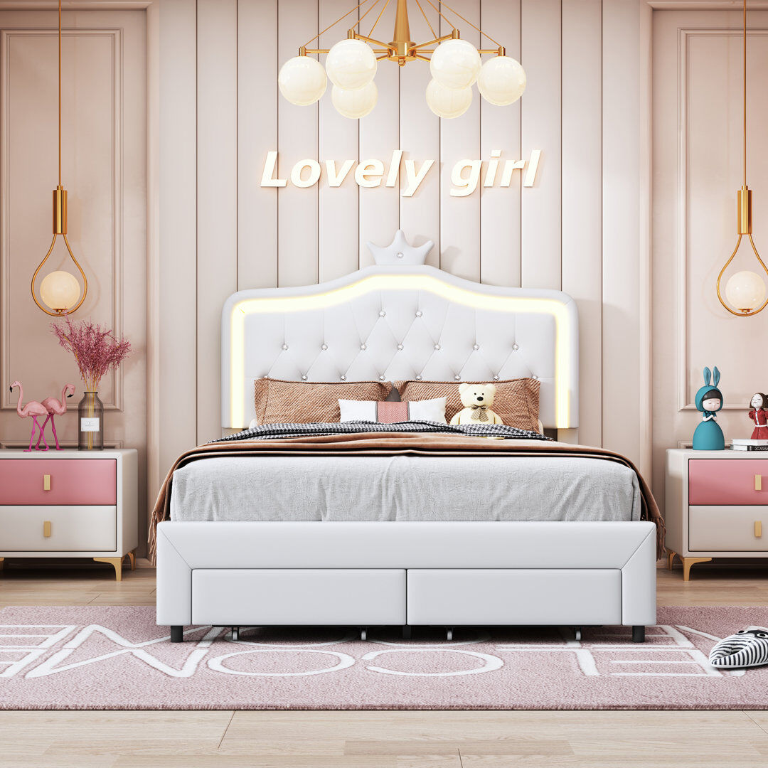 Harriet Bee Upholstered Faux Leather Drawers Bed White European Double (140 x 200 cm)