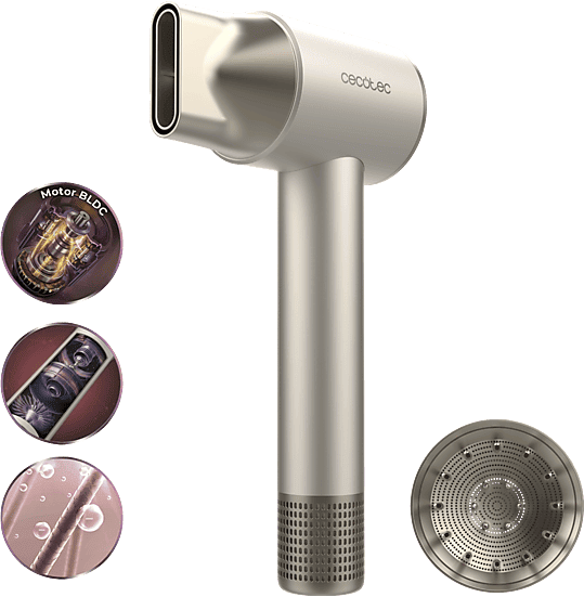 Secador - Cecotec DryGlam 2in1 Sensor Champagne, inteligente, Brushless 1400W, 110.000rpm, Iones, 2 velocidades, Champagne