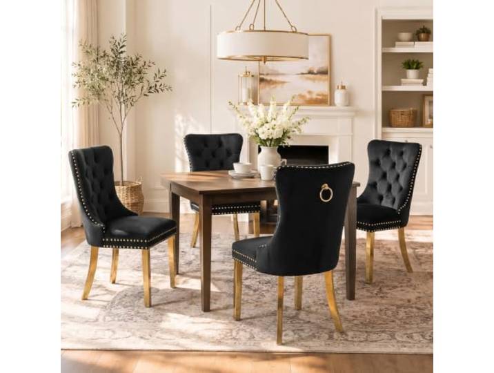 SoarTalent 4er Set Esszimmerstühle Samt Goldbein, Schwarz/Gold Samt gepolstert, Nagelkopfbesatz, vergoldeten Beinen, Metall-Ziehring, für Esszimmer & Wohnzimmer