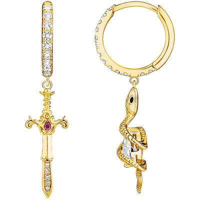 Paar Creolen THOMAS SABO "mit Anhänger Tempting Romance, Schlangen/Schwert-Design", bunt (gelbgoldfarben, weiß, rot, weiß, rot), Ohrringe, Damen, Silber 925 (recycelt), mit Zirkonia (synth.), Saphir (synth.)