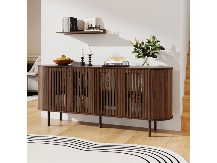 Buffet moderne 160x40x70 cm en MDF 4 portes perforées pieds métal noir coloris noyer