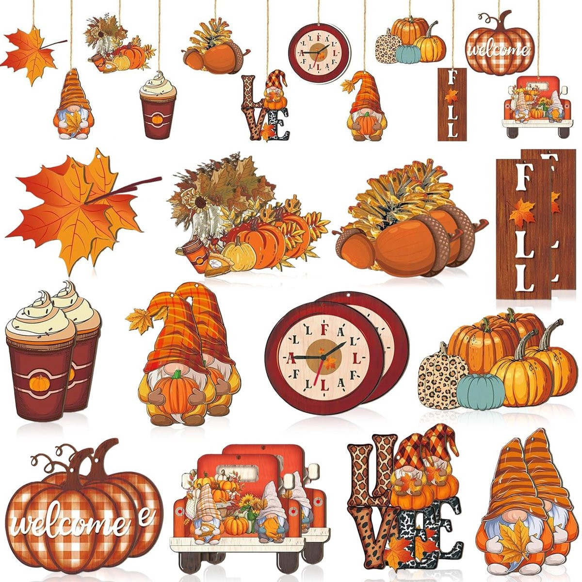 Allecto Decoratieve Herfst Hangers met Gnomes en Pompoenen - 24 Stuks - Houten Hangers voor Binnen en Buiten