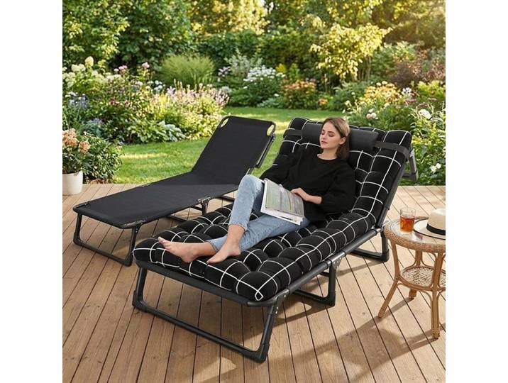 Lit de Camp Pliant 4 Positions Charge 200kg avec Matelas Transat de Jardin Bain de Soleil Ergonomique Portable Camping 190x75cm