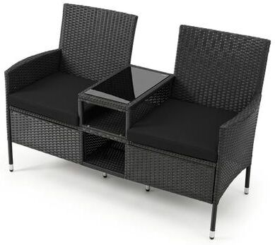 Costway Outdoor Wicker Patio Loveseat with Built-in Glass Side Table-Black