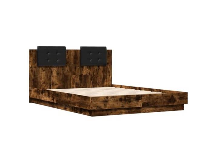 KTHLBRH Bettgestell mit Kopfteil Eiche Rauchgrau 120 x 190 cm Holz Kopfteil gepolstert mit Schaumstoff, Latten aus Sperrholz inklusive, schwarzes Kunstleder, einfache Montage