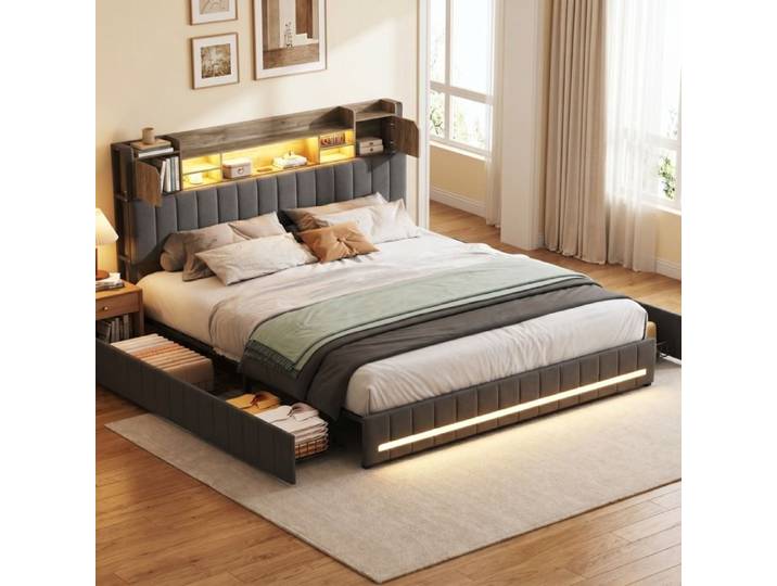 Lit 140x190 cm - RWUDV - LED - USB - Lit double 140x190 cm - Lit adulte 140x190 cm avec sommier à lattes - Avec 4 tiroirs - Lin gris