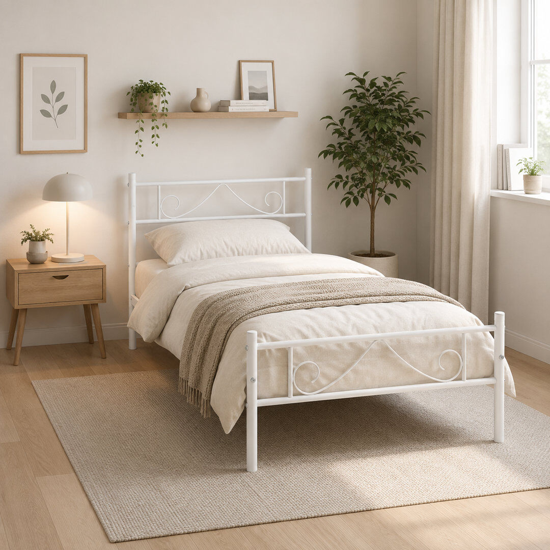Lark Manor Classic Metal Bed Frame with Decorative Headboard & Footboard White Single (3')