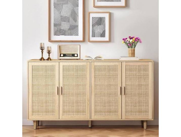 Grande armoire de rangement - KOMHTOM - 158x40x88 cm - 4 portes en rotin - Étagère réglable 3 niveaux - Pieds bois massif