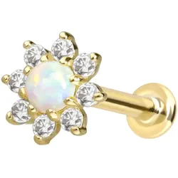 14 Karat Gold Labret mit Innengewinde MOISSANIT-BLUME + SYNTHETISCHER OPAL