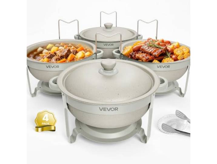 VEVOR Chauffe Plat 4PCs\, Buffet Chauffant 5\,7 L en Inox\, Réchaud Rond Pour Hôtel Mariage Restauration Traiteur CHR\, Revêtu de Maifanite\, Chafing Dish 4 Récipients\, Kit Complet avec Accessoires