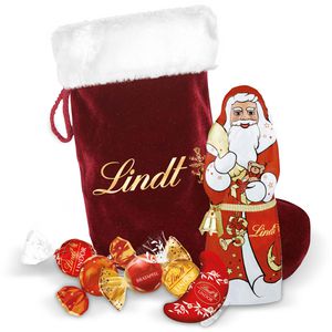 Lindt Geschenkset Weihnachtsmann Socke, Socke mit Vollmilch-Schokolade und Lindor-Kugeln, 250g