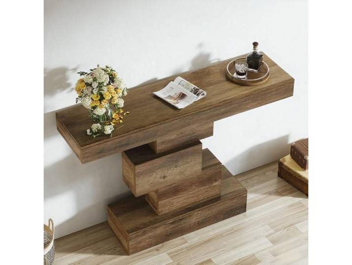 QAVRYL Table console 108 x 30 x 80 cm décor bois marron clair base géométrique étagée