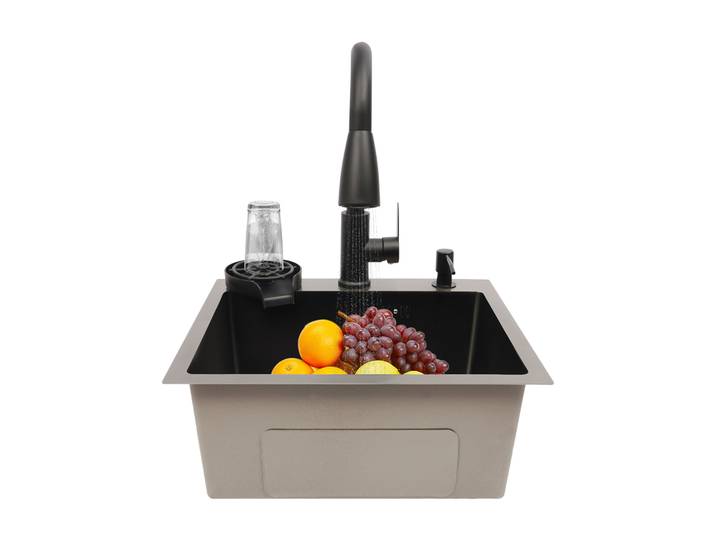 Évier de cuisine multifonctionnel avec robinet rétractable, distributeur de savon et panier égouttoir en acier inoxydable noir – 3 spécifications