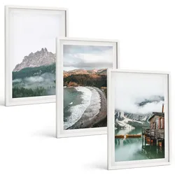 BILDER SET 3er Set - 40x60 cm Weißer Rahmen - Holzhaus an Bergstränden