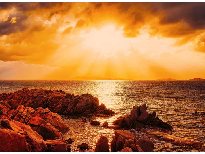 Fototapete PAPERMOON Capriccioli Beach Sunset Sardinia , bunt, B:3m L:2,23m, Vlies, Tapeten, Fototapete